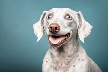 close-up portrait of a dog against a vibrant blue background. Generative AI