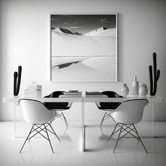 A beautiful modern office in white color, with modern chairs, minimalist pictures on the wall, elegant glass table, Generative AI.