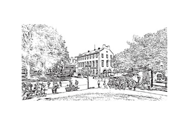 Building view with landmark of Quebec City sits on the Saint Lawrence River in Canada. Hand drawn sketch illustration in vector.