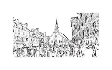 Fototapeta premium Building view with landmark of Quebec City sits on the Saint Lawrence River in Canada. Hand drawn sketch illustration in vector.