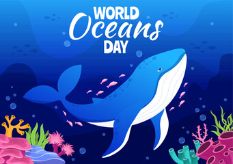 World Oceans Day Illustration to Help Protect and Conserve Ocean, Fish, Ecosystem or Sea Plants in Flat Cartoon Hand Drawn for Landing Page Templates