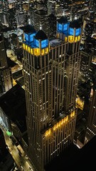 Night Chicago view from above, blue and yellow color