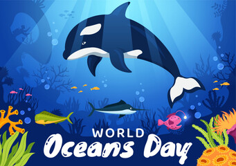 World Oceans Day Illustration to Help Protect and Conserve Ocean, Fish, Ecosystem or Sea Plants in Flat Cartoon Hand Drawn for Landing Page Templates