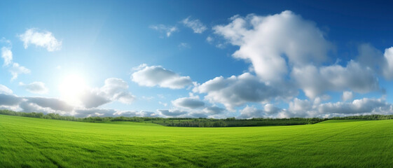 Obraz na płótnie Canvas Panoramic natural landscape of green rolling fields with grass against a blue sky.