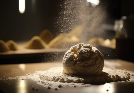 bread sourdough on wooden background. Freshly kneaded sourdough in fermentation process. Post-processed generative AI