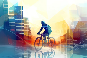 Fototapeta na wymiar Cyclist riding bicycle in futuristic green sustainable city without cars AI generative illustration