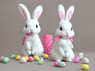 Two Easter Bunny Standing and Looking Ahead with Colorful Easter Eggs, Generative AI