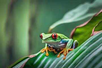 Fototapeta premium Red-Eyed Tree Frog Perched on a Green Leaf. Generative AI