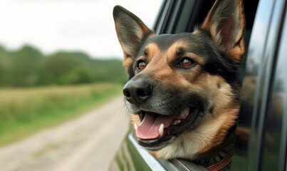 Canine Companion German Shepherd Thrilled by Car Window Adventure - obrazy, fototapety, plakaty