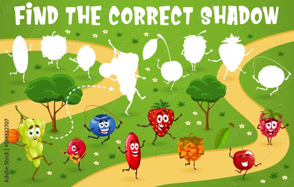 Poster find the correct shadow game. cartoon cheerful berry character on summer vacation. educational playi