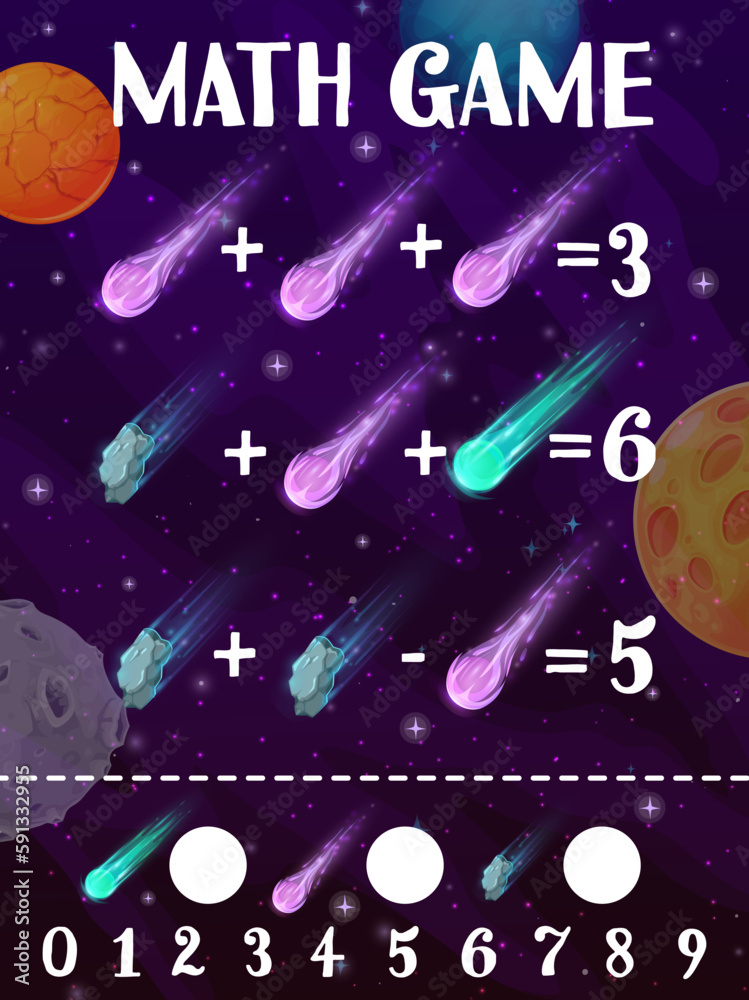 Poster math game worksheet, cartoon space comets, asteroids and meteors. starry galaxy universe cartoon vec
