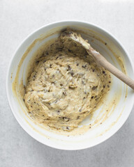 Chocolate chip muffin batter, vanilla and chocolate chip muffin batter, process of making muffins