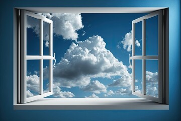 an open window with a view of a cloudy sky. Generative AI