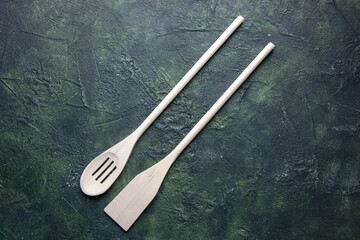 top view white plastic utencils on dark background plastic fork cutlery wood darkness kitchen food photo