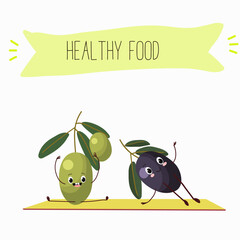 Illustration with funny characters olives. Funny and healthy food. Vitamins, cute face food, ingredients, vegetarian, vector cartoon, agriculture, raw.