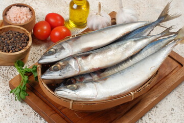 Fresh sardines fish with ingredients ,Fresh seafood concept.