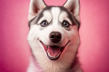 close up of a happy dog against a bright pink background. Generative AI