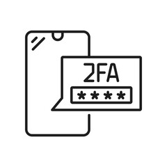 2FA verification, two factor authentication icon of secure access password, vector line symbol. 2FA authentication via mobile phone sms for user 2 factor identification and account safety login