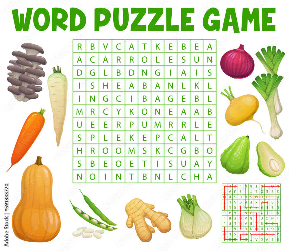 Aufkleber mushrooms and farm raw vegetables on word search puzzle game worksheet. child quiz grid, cartoon vec