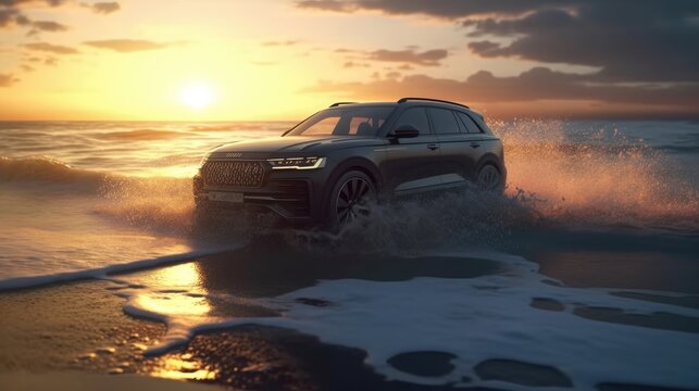 Luxury Car SUV on the beach. Created with generative AI.