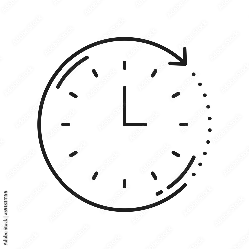 Poster Clock timer outline icon, timepiece with dial face and arrows. Vector antique wall watch, time sign. Alarm stopwatch, watch face with round thin line dial