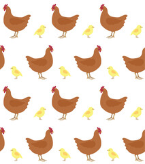Vector seamless pattern of flat hand drawn chicken and chick isolated on white background