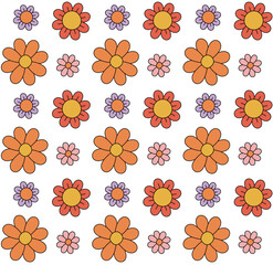 Vector seamless pattern of retro groovy colored flowers isolated on white background