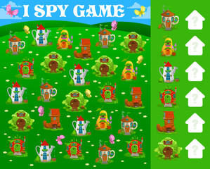 I spy game fairytale magic houses and dwellings. Kids vector math brainteaser riddle with cartoon teacup, watering can, pear and strawberry, boot and cabbage fantasy fairy tale homes on summer meadow