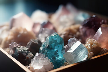 Crystals, minerals and gemstones displayed on a table