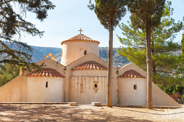 Greece. Crete. Byzantine church Panagia Kera 13th century near village of Kritsa. Сhurch is famous for Byzantine frescoes of 14th and 15th centuries dedicated to Our Lady and Saints Anthonia and Anna