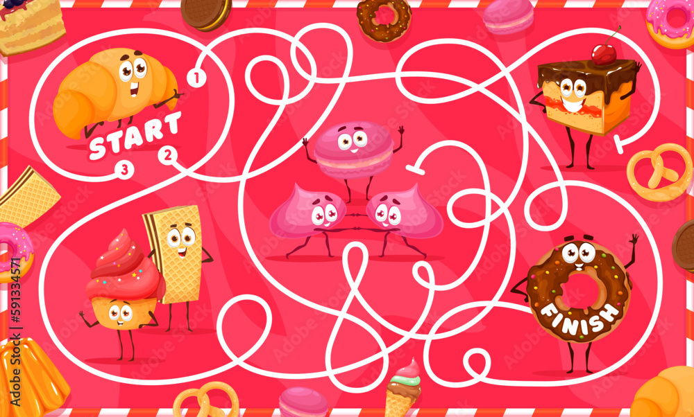 Poster labyrinth maze game cartoon bakery, sweets and dessert characters. kids vector worksheet boardgame t