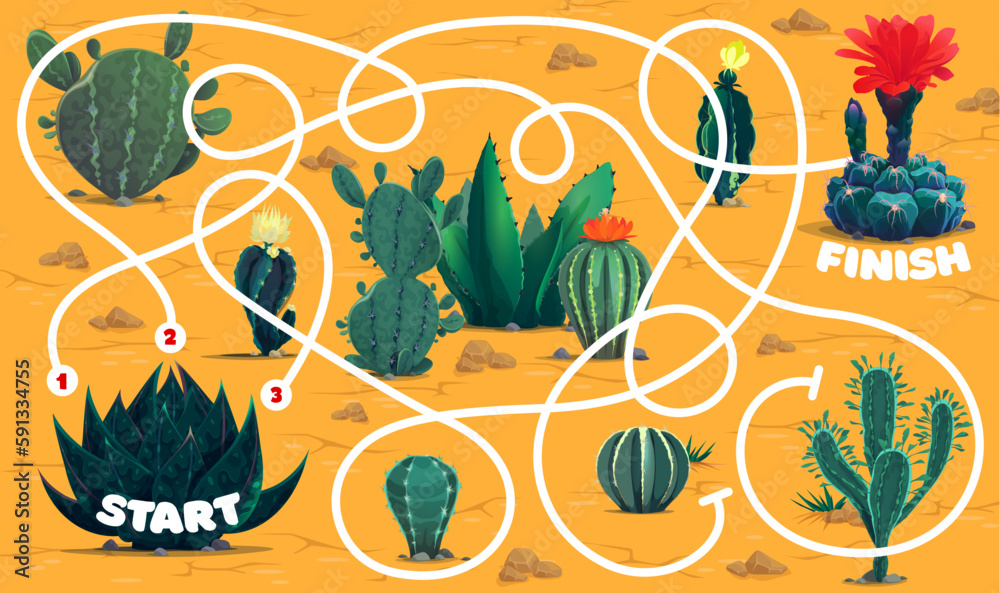 Poster labyrinth maze. cacti succulents in desert. children labyrinth quiz, kids search path playing activi