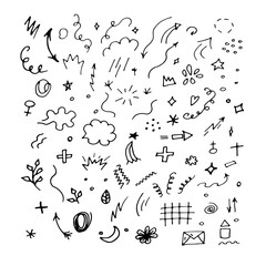 Vector set of black lines. Doodle Style.Arrows.Swirls.Hearts.Spirals.Squares.Clouds.Bubbles.Leaves.Strokes.Crosses.Stars.Web Design.Social Media.Textile Printing.Sun.Rays.Packaging.Paper.Fun.Funny.