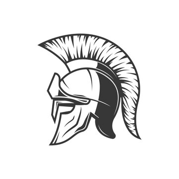 Spartan helmet, warrior gladiator or Roman and Greek soldier shield, vector icon. Trojan centurion armour or Sparta knight and Athena armor mask, Medieval fighter face and head helmet
