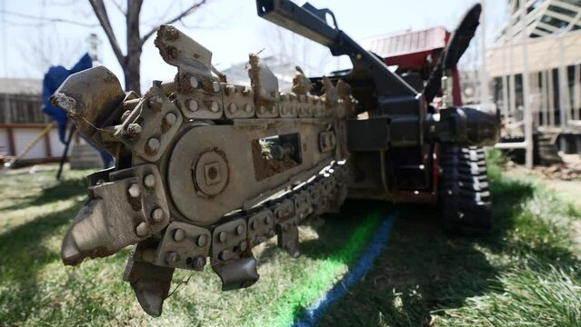 Backfill Blade Of A Trenching Machine Outdoor. closeup