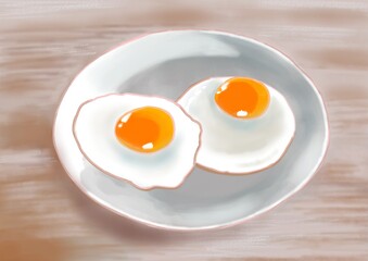 Illustration pair of fried eggs on a white plate. Healthy and delicious breakfast.
