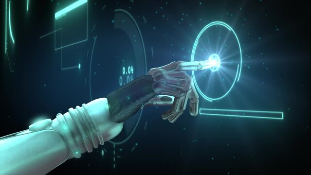 High quality 3D CGI render of a robot arm touching and activating a hologramatic touch screen, with complex information and animated graphics displayed, in teal colour scheme
