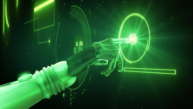 High quality 3D CGI render of a robot arm touching and activating a hologramatic touch screen, with complex information and animated graphics displayed, in green colour scheme