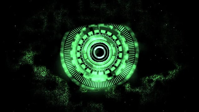 Cyber surveillance animated complex 3D digital eye design within a shimmering digital code-inspired eye shape, in a 3D digital space in green color scheme on a dark background