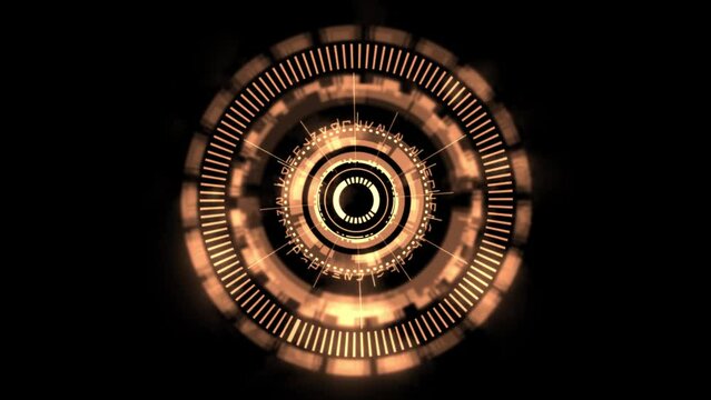 High quality animated HUD gizmo digital eye design with complex rotating elements in gold color scheme on a plain black background, great for screen replacement and heads up display elements