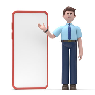 3D illustration of a smiling Asian man Felix  with big phone.Portraits of cartoon characters standing man pointing finger at screen, 3D rendering on white background.
