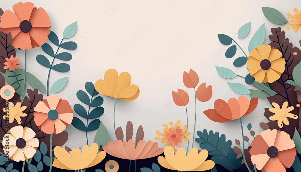 Wall mural paper craft flower border, bursting with an array of colors, creating a captivating backdrop with am