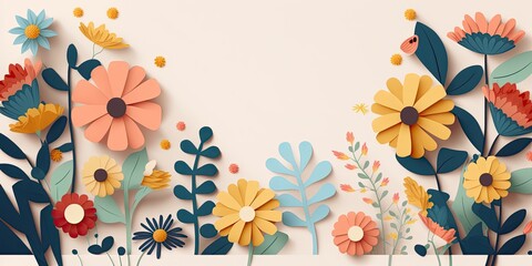 Vibrant and intricate papercut flower border, bursting with an array of colors, creating a captivating backdrop with copy space for your creative messages or designs.