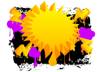 Yellow graffiti speech bubble with purple and black elements. Abstract modern street art design. Discussion, Feedback Message symbol performed in urban painting style.