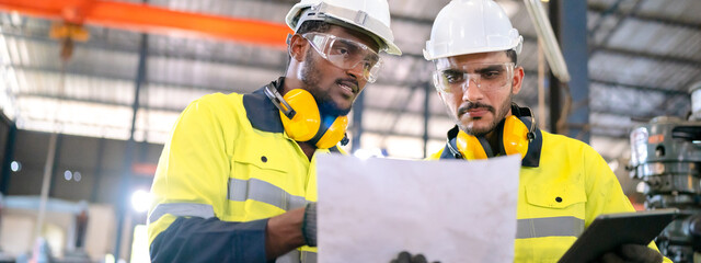 professional technician engineer with safety helmet hard hat working in industrial manufacturing...