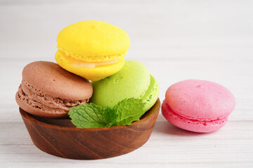Macaron or french macaroon dessert, cake and cookies on the celebrated birthday.