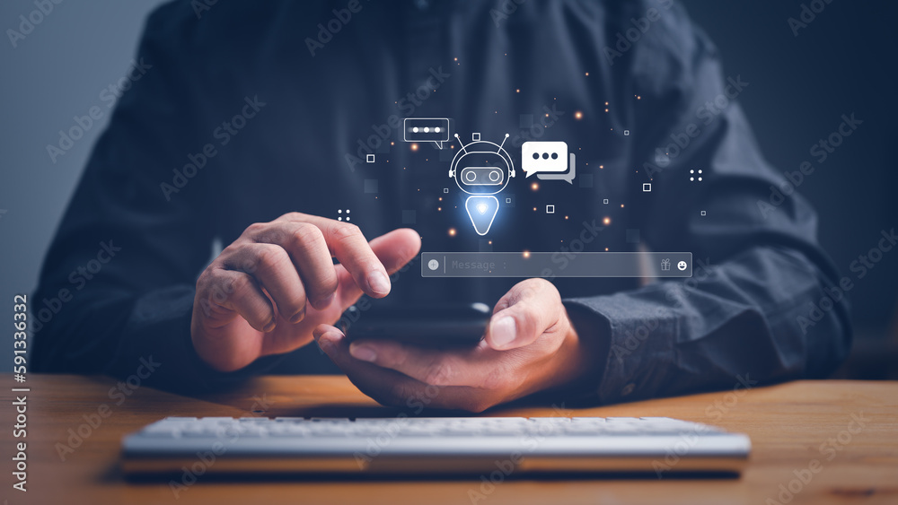 Poster AI, Artificial Intelligence, technology smart robot AI, artificial intelligence by enter command prompt for generates something, Futuristic technology transformation, Chatbot, assistant, secretary.