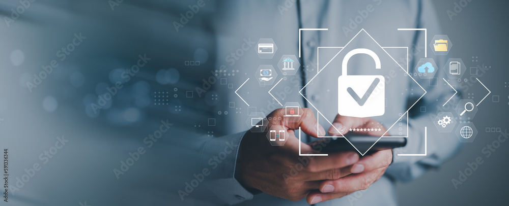Aufkleber Cybersecurity privacy, data protection, businessman using smartphone Secure encryption technology, security Internet access, security encryption user private data, prevent data theft, Firewall