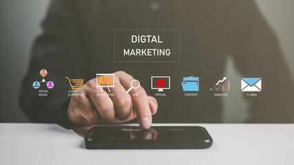 Digital online marketing and network technology concepts, online media, online advertising to help increase sales and increase online sales channels to reach consumers from all over the world.