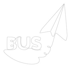 One continuous line of Paper Airplane with Bus text. Thin Line Illustration vector concept. Contour Drawing Creative ideas.